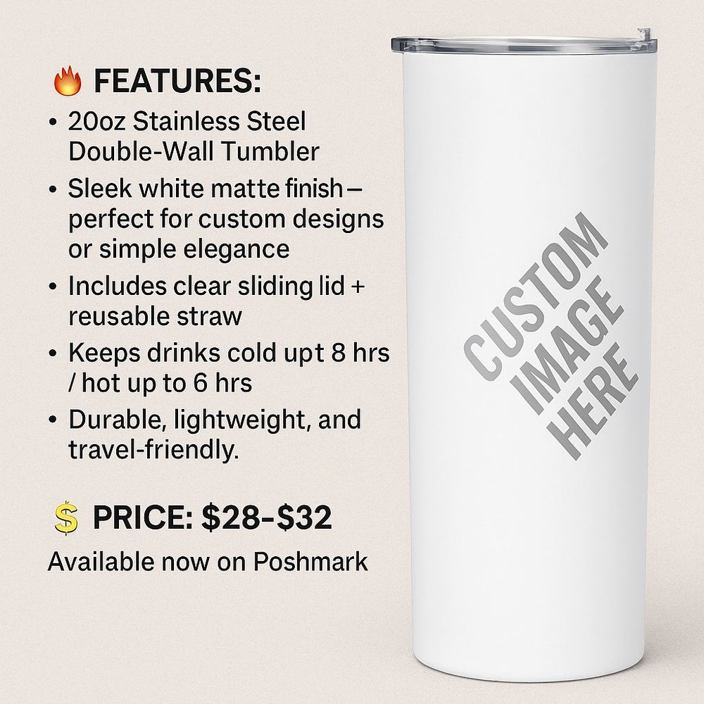 Custom White Stainless Steel Tumbler | 20oz Double Wall | Personalized Drinkware
